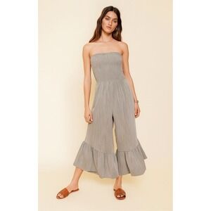 Women Grey Denim Wide Leg Jumpsuit Ruffle Hem Sleeveless 2in1 Romper/Dress Sz M